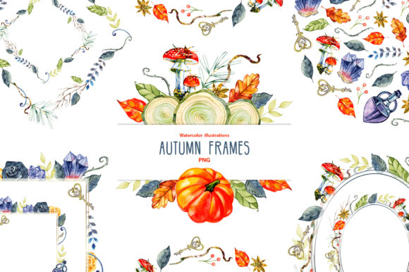 5 Watercolor Fall Halloween Frames Illustrations