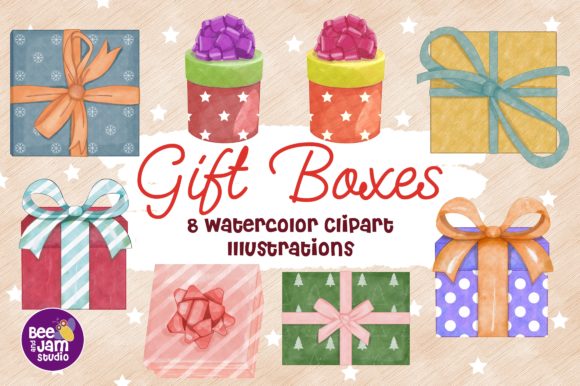 8 Watercolor Gift Boxes Clipart: Perfect Illustrations