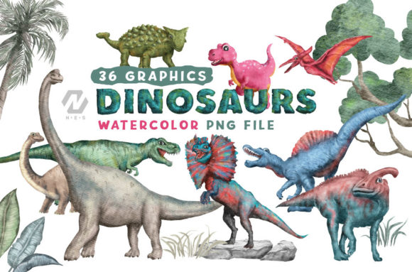 Cute Dinosaurs Watercolor PNG Clipart and Illustrations
