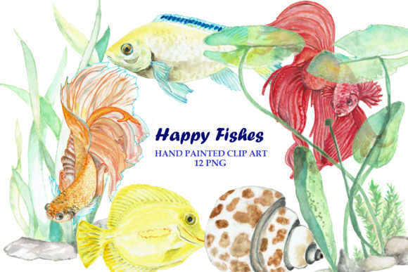 Fish Shells Underwater Plants Watercolor Illustrations