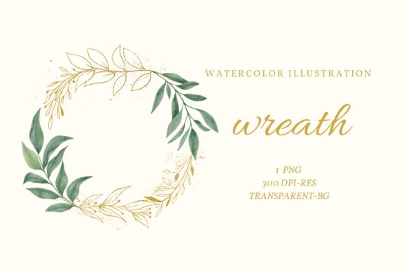 Green Leaf Gold Wreath Watercolor Illustrations