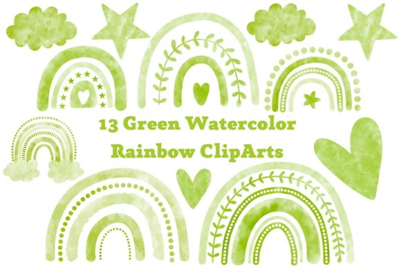 Green Watercolor Rainbow Clipart and Illustrations