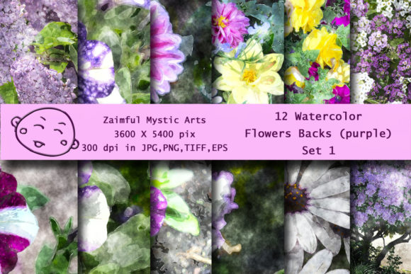 Review: Watercolor Flowers Backs Set One purple Illustrations