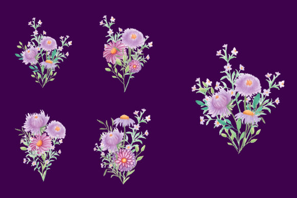 Set Lilac Flowers Arrangement Watercolor Illustrations