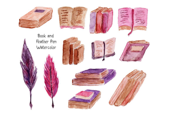 Set of Book and Feather Pen Watercolor Illustrations