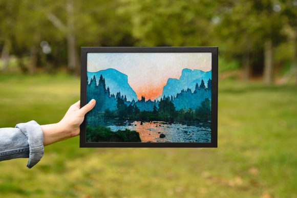 Sunset Mountain Watercolor Illustration