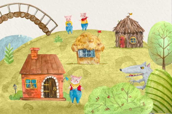 Three Little Pigs Watercolor Clip Arts