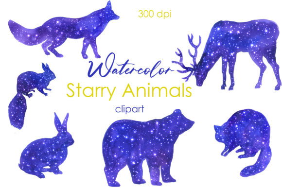 Watercolor Clipart. Galaxy Animals Png