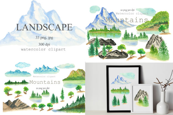 Watercolor Clipart Nature Mountains 33 Illustrations