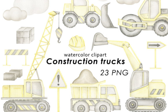 Watercolor Construction Trucks and Illustrations