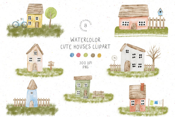 Watercolor Cute Houses Clipart: Charming Illustrations