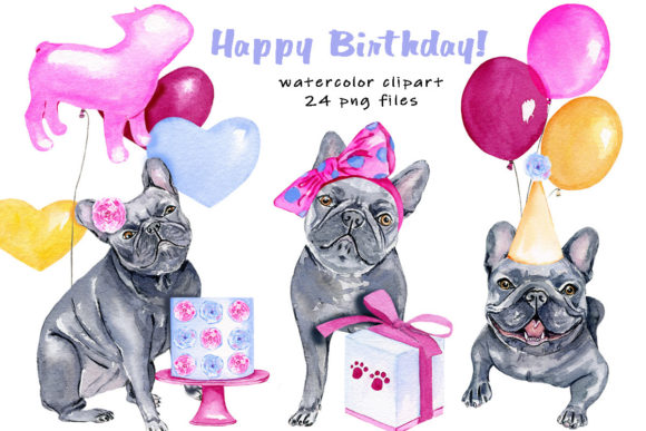 Watercolor Dog Clipart, French Bulldog Illustrations