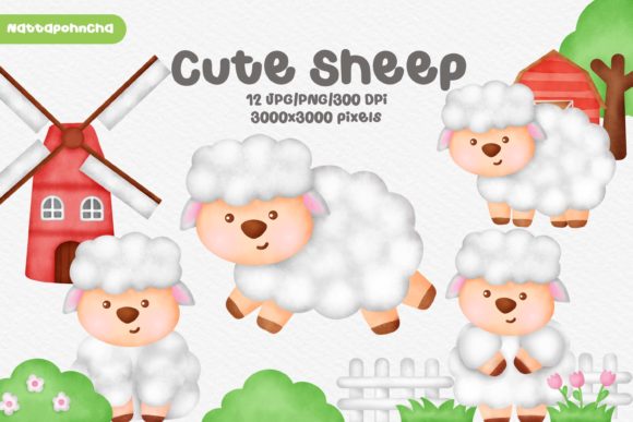 Watercolor Farm Animal with Cute Sheep