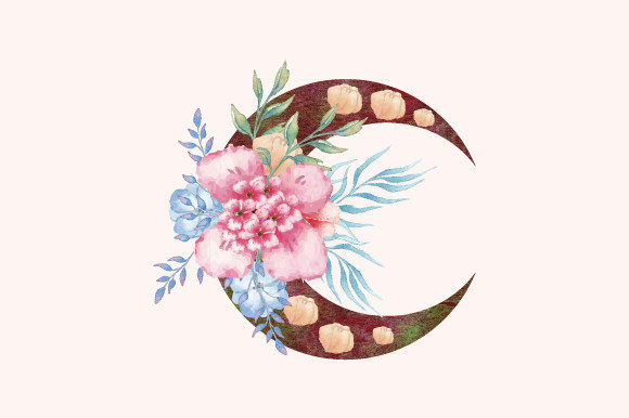 Watercolor Floral Moon Clipart 474: Premium Illustrations