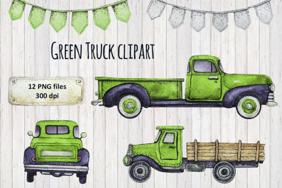 Watercolor Green Rusty Truck Clipart and Illustrations
