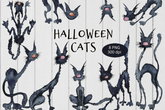 Watercolor Halloweet Cats Clipart & Illustrations