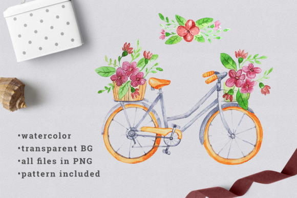Watercolor Orange Bicycle with Flowers Illustrations