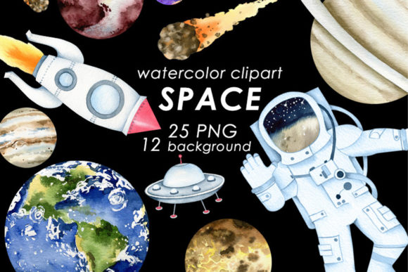 Watercolor Space Clipart Set and Illustrations